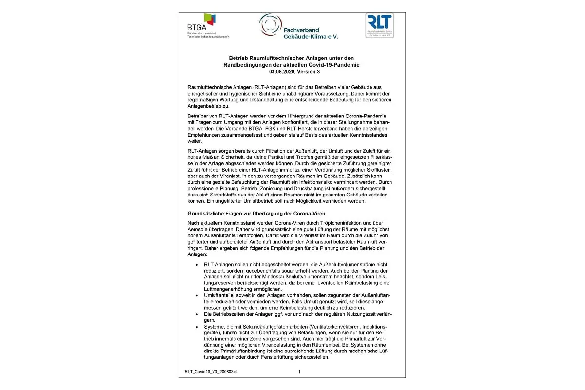 Update: Betriebsempfehlung zu RLT-Anlagen während Covid-19