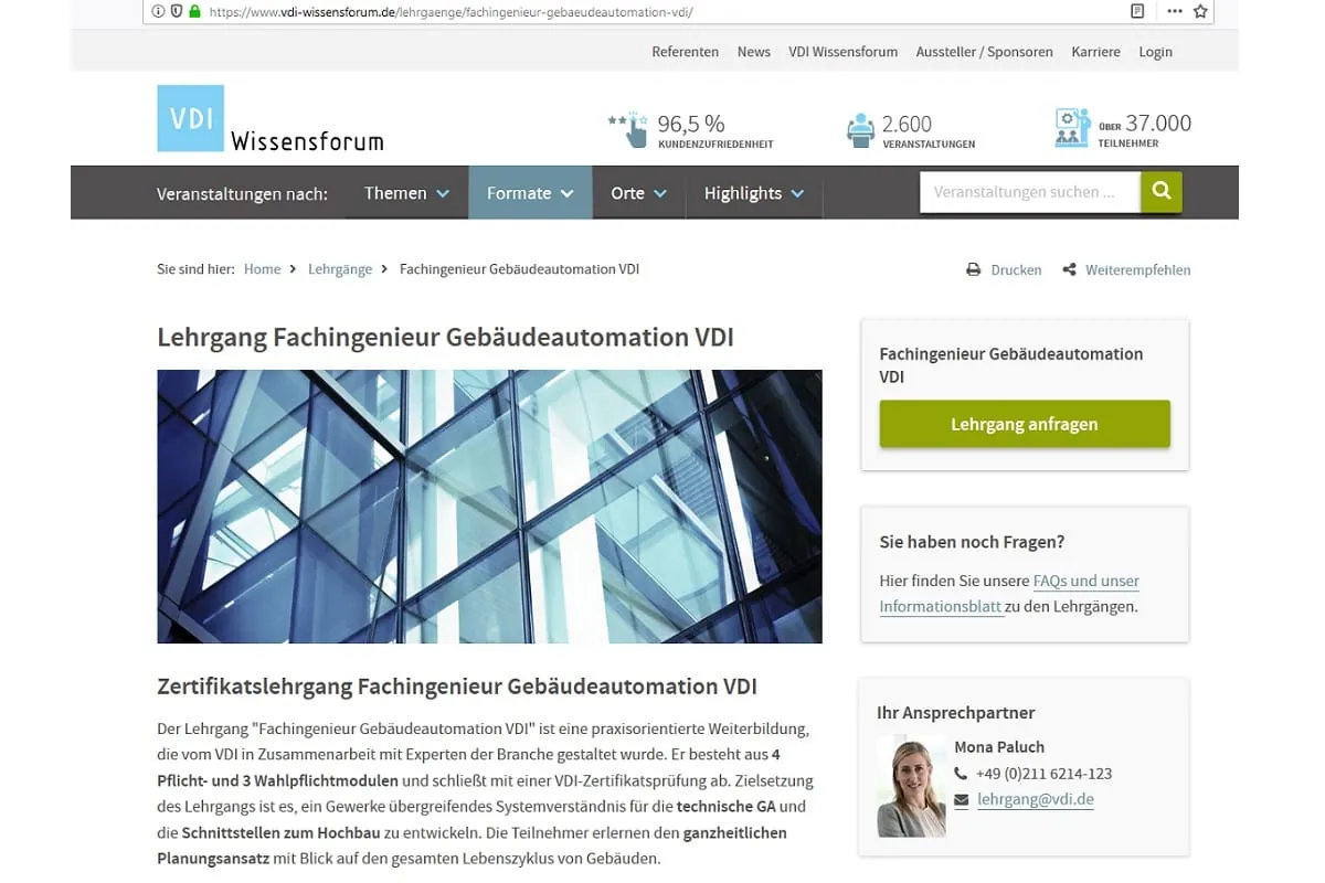 Zertifikatslehrgang „Fachingenieur Gebäudeautomation VDI“