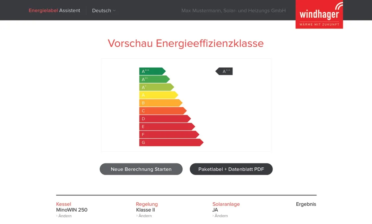 Windhager: Assistent zur einfachen Erstellung von Energie-Labels für Heizungsanlagen