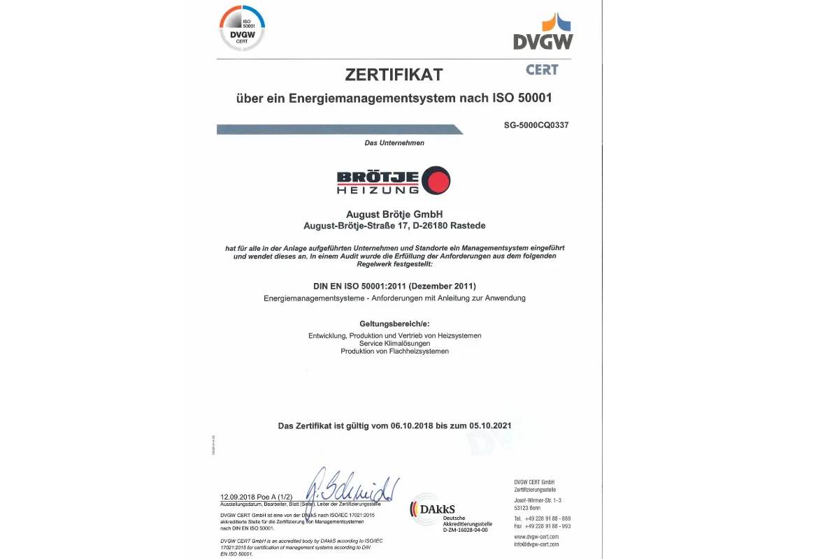 Brötje hat Re-Zertifizierung nach DIN EN ISO 50001:2011 bestanden