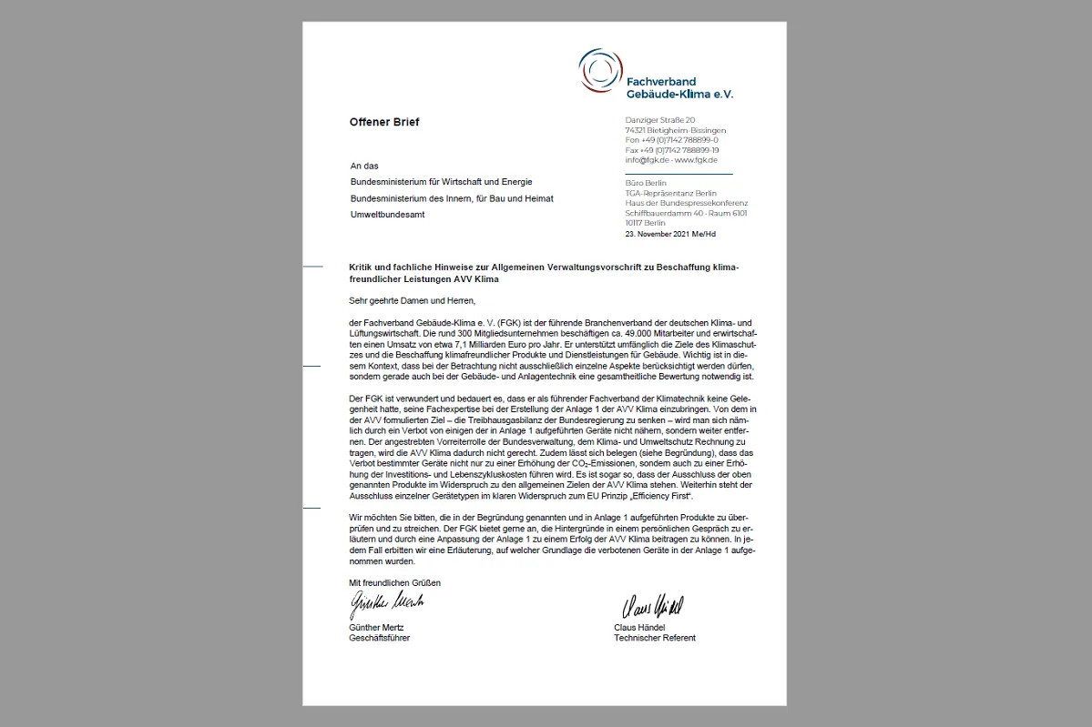 FGK zu Einschränkungen für VRF-Anlagen bei Vergabe öffentlicher Aufträge