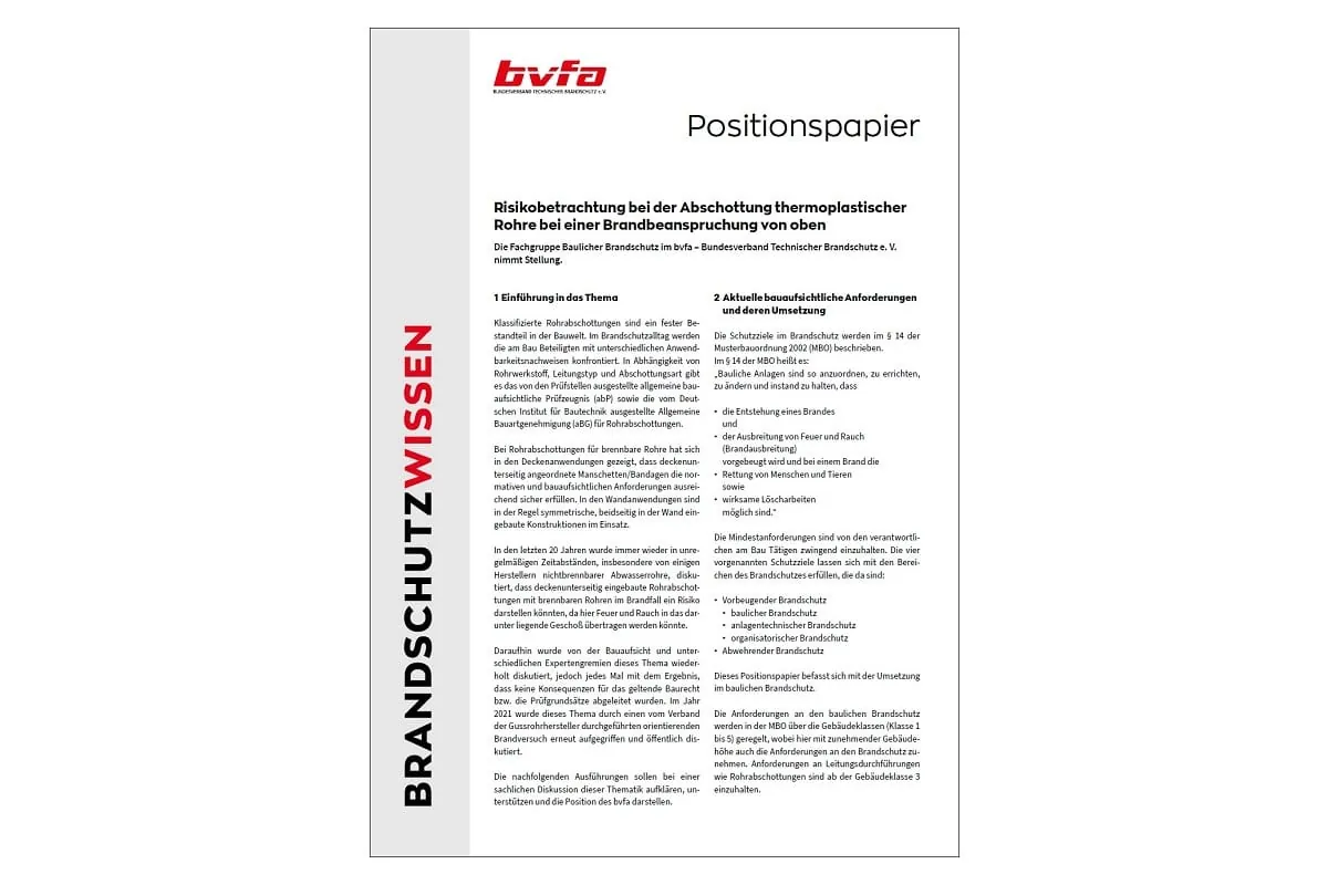 Neues bvfa-Positionspapier zur Abschottung brennbarer Rohre