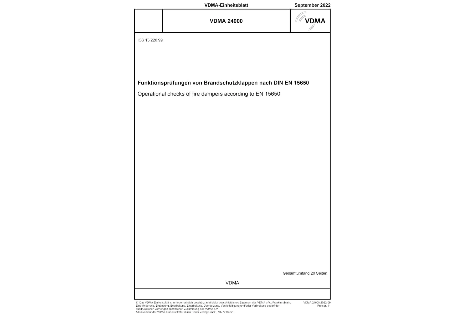 VDMA-Einheitsblatt zur Funktionsprüfung Brandschutzklappen 