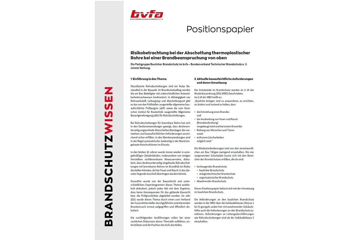 bvfa-Positionspapier zur Abschottung brennbarer Rohre