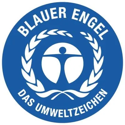 Umweltzeichen Blauer Engel. Blaues rundes Logo mit Engel in der Mitte, wei&szlig;e Schrift und wei&szlig;er &Auml;hrenkranz um blauen Engel im Zentrum