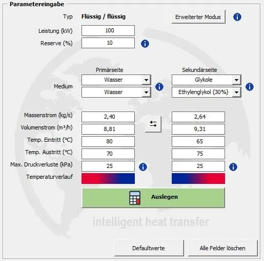 Screenshot Eingabemaske für Berechnungsprogramm VX Thermo Optimizer