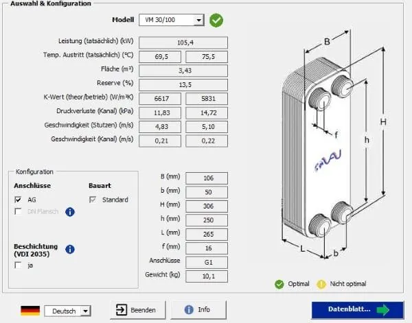 Screenshot Konfigurator-Maske Berechnungsprogramm VX Thermo Optimizer für gelötete Plattenwärmetauscher