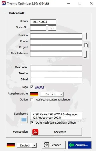Screenshot Datenblattmaske des Auslegungsprogramm VX Thermo Optimizer für gelötete Plattenwärmetauscher
