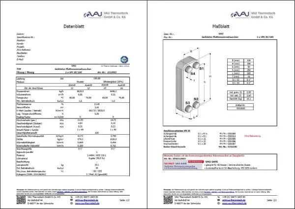 Grafik mit Ausdruck des fertigen Datenblattes. Es steht in dem Berechnungsprogramm Thermo Optimizer zum Download bereit.