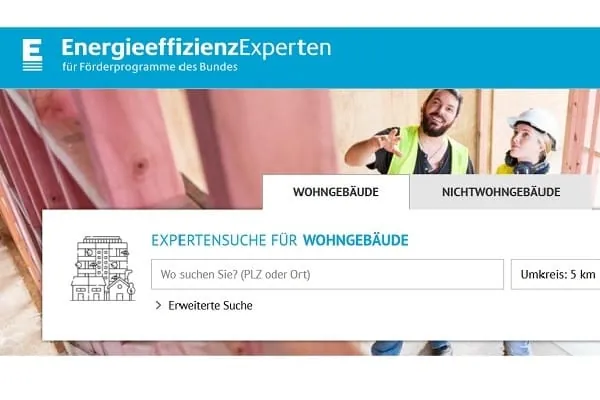 Screenshot der Website www.energie-effizienz-experten.de mit Suchfenster.