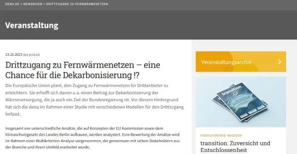 Zum Anmeldeformular: Zur Studie bietet die dena ein Webinar am 23. Oktober 2023 an. 