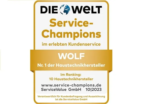 Zum dritten Mal in Folge erzielte Wolf im Ranking &bdquo;Service-Champions&ldquo; den ersten Platz in der Sparte Haustechnikhersteller.