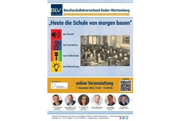 Plakat Veranstaltung. Die Online-Veranstaltung &bdquo;Heute die Schule von morgen bauen&ldquo; findet am 7. Dezember 2023 von 14 bis 16 Uhr statt.