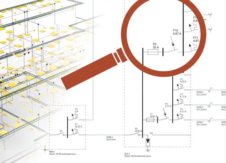 Der Übersichtsschaltplan in DDScad 19 vermittelt einen direkten Eindruck des gesamten Energieversorgungssystems mit allen Verteilern und den angeschlossenen Komponenten.