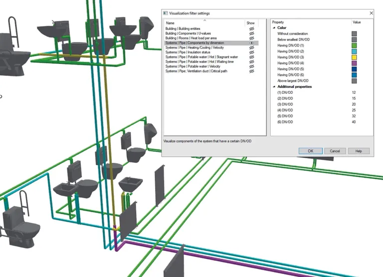 Visualisierungsfilter für Rohrnetz-Dimensionen