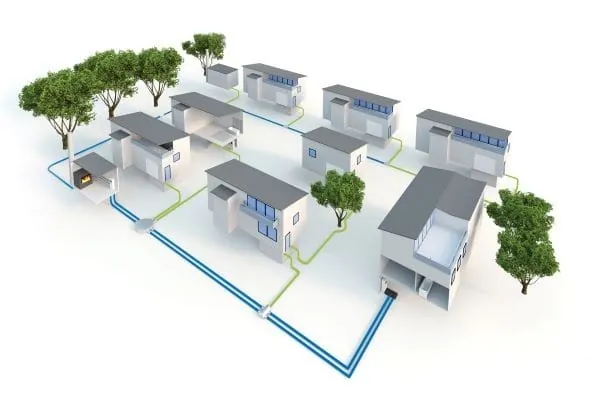 Schaubild Prinzip Nahwärme. So einfach wie wirkungsvoll: Eine Energiezentrale versorgt mehrere Abnehmer mit Wärme.