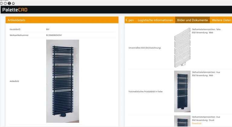 Artikelinfos, Skizzen, Montageanleitungen und Fotos der Hersteller lassen sich direkt und aktuell aus der Palette CAD abrufen.