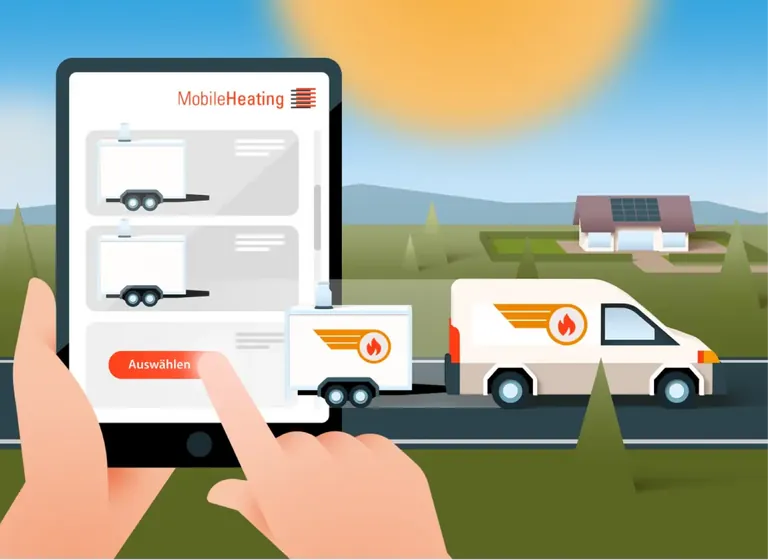 Kunden k&ouml;nnen &uuml;ber die Mietplattform MobileHeating in wenigen Minuten die passende mobilen Heizzentrale ermitteln.