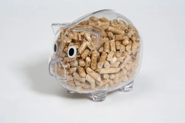 durchsitiges Sparschwein mit Holzpellets gefüllt