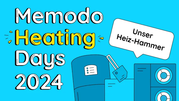 Grafik mit hellblauen Hintergrund, Schriftzug wei&szlig;-gelb Memodo Heating Days 2024. Grafik mit blauen Warmwasserw&auml;rmepumpe, PV-Heizstab, Luft-/Wasser-W&auml;rmepumpe, Stromspeicher und Sprechblase "Unser Heizhammer".