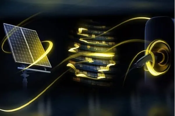 Schwarz-gelb-blaue Grafik f&uuml;r die Light + Building mit PV-Modul, und Ladestation