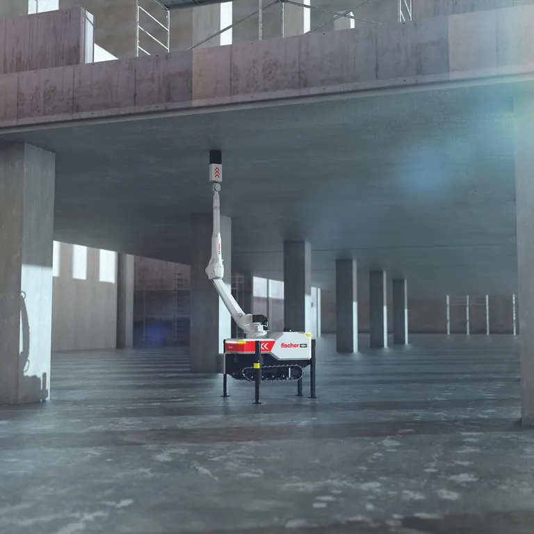 Der Einsatz des fischer Roboters BauBot erm&ouml;glicht vollautomatisches Bohren an Decken, an W&auml;nden und in B&ouml;den.