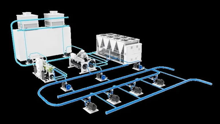 Schematische Darstellung einer Anlage mit Intelliplant Managementsystem: Ein vollst&auml;ndig integriertes Optimierungssystem, das mit allen Ger&auml;ten verbunden wird, die f&uuml;r die Erzeugung und Verteilung von W&auml;rmeenergie verwendet werden, um deren Potenzial voll auszusch&ouml;pfen.