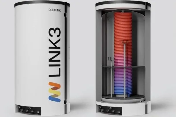 Schichtenspeicher Duolink in zwei Ansichten, eine davon Schnittmodell