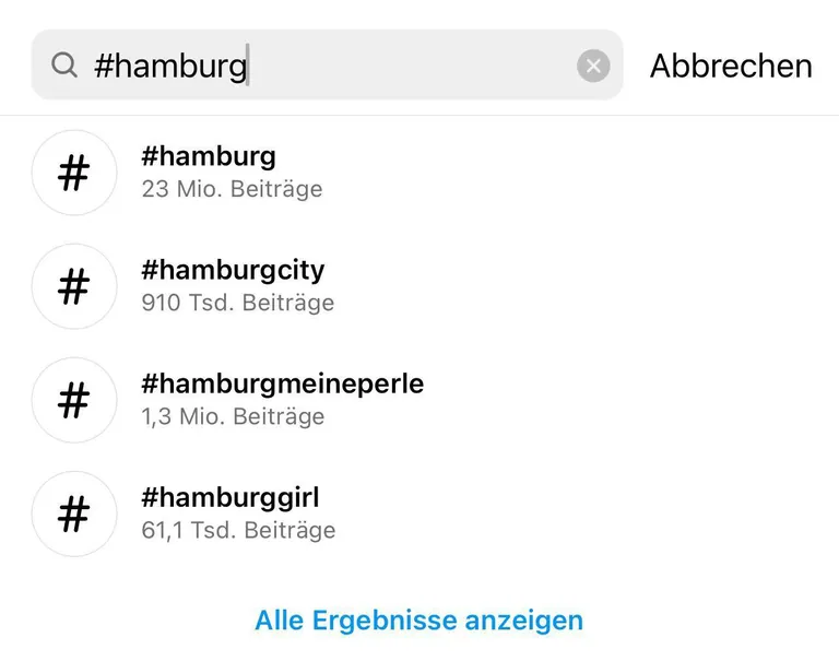 Beispiel Hashtags für Hamburg: Diese sind zu allgemein, um erfolgreich zu sein.
