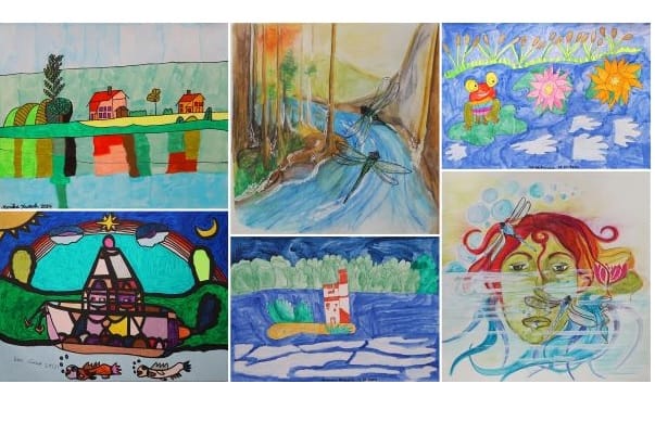Kunstwerke: Eine neue bunte Collage zum Weltwassertag: Die Künstlerinnen Maren Bendix, Petra Griesert, Monika Kwesch und Jule Superczinsky aus dem Atrio KreativWerk für Menschen mit Behinderung haben anlässlich einer von perma-trade initiierten Mal-Aktion ihre Kreativität sprudeln lassen.