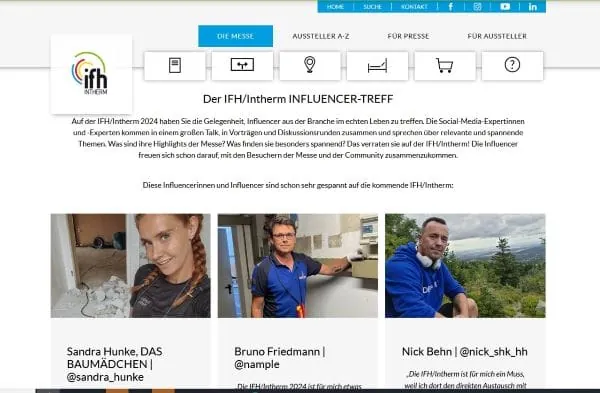 Screenshot www.ifh-intherm.de (25.03.2024), dafauf SHK-Influencer Sandra Hunke, Bruno Friedmann und Nick Behn.