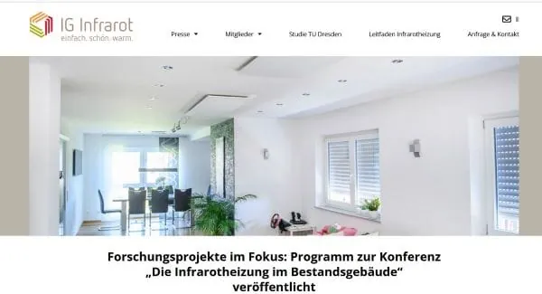 Screenshot Website IG Infrarot: Die IG Infrarot Deutschland e. V. erl&auml;utert deshalb die aktuell geltenden gesetzlichen Vorgaben f&uuml;r den Einsatz von Infrarotheizungen im Neubau und Bestand.