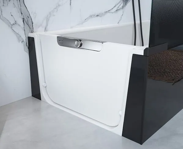 Mit wenigen Handgriffen wird aus der Walk-In-Dusche eine Badewanne: Schott einsetzen, Hebel nach links und verriegeln.