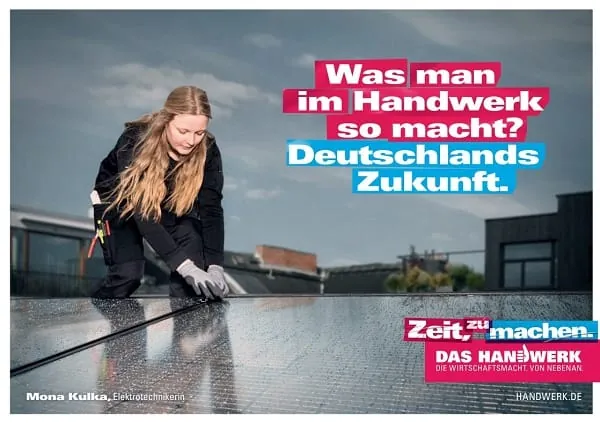 Eines der neuen Motive der Handwerkskampagne, die seit 5. März auf Plakaten, digitalen Plattformen und in verschiedenen Bewegtbildformaten zu sehen ist.