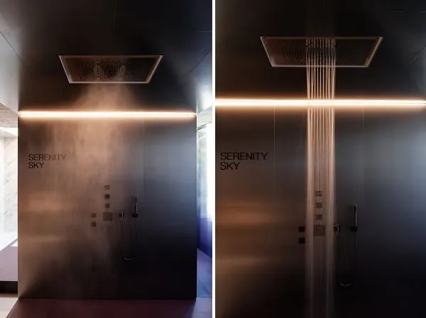 Das Regenpaneel Serenity Sky &ndash; verf&uuml;gbar ab Juli 2024 &ndash; &uuml;berzeugte Besuchende mit seinen unterschiedlichen Strahlarten. Hier zu sehen: Cool Mist (links) und Purify Rain.