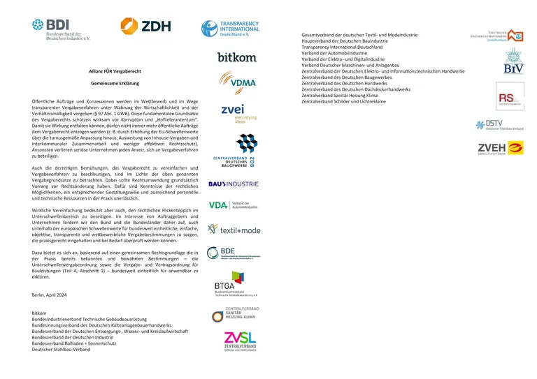 Gemeinsame Erklärung der Allianz für Vergaberecht