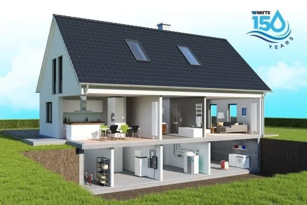 Grafik mit Watts Erlebnishaus, einem Einfamilienhaus mit durchsichtigen W&auml;nden. Man schaut in den Keller und das EG des zweigeschossigen Hauses und sieht M&ouml;blierung und eingebaute Hausinstallationen.