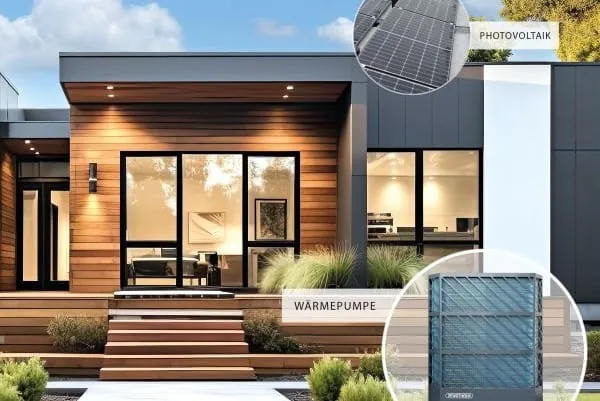 Einfamilienhaus mit PV-Anlage auf Flachdach und Wärmepumpe im Vorgarten.