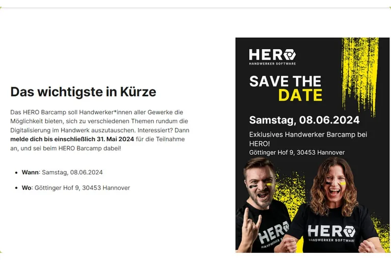 Hero Software l&auml;dt am 8. Juni 2024 zum ersten Hero Barkamp nach Hannover zum Thema Digitalisierung im Handwerk ein.