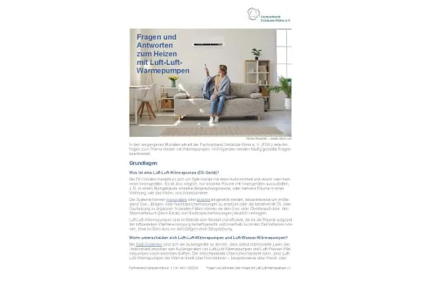 Auf zwölf Seiten beantwortet die Veröffentlichung des FGK Fragen speziell zum Heizen mit Luft-/Luft-Wärmepumpen – besser bekannt als Klimageräte.