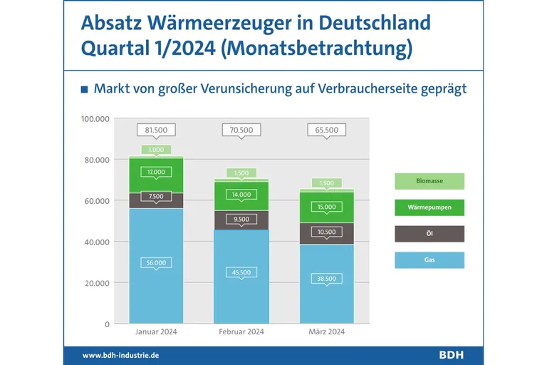 Absatzverteilung der W&auml;rmeerzeuger im Absatzverteilung der W&auml;rmeerzeuger in der Monatsbetrachtung. (1. Quartal 2024).