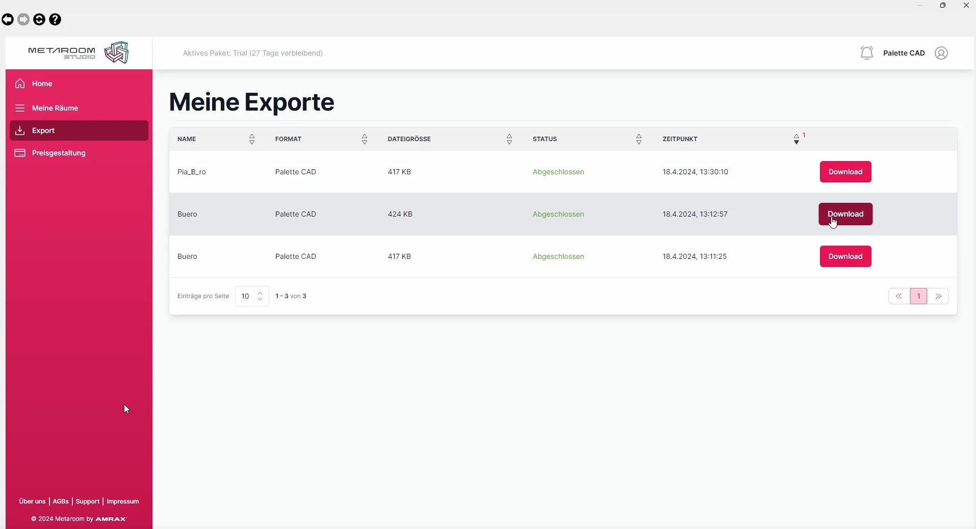 Das gescannte 3D-Modell des Raums wird aus der Metaroom Cloud exportiert.