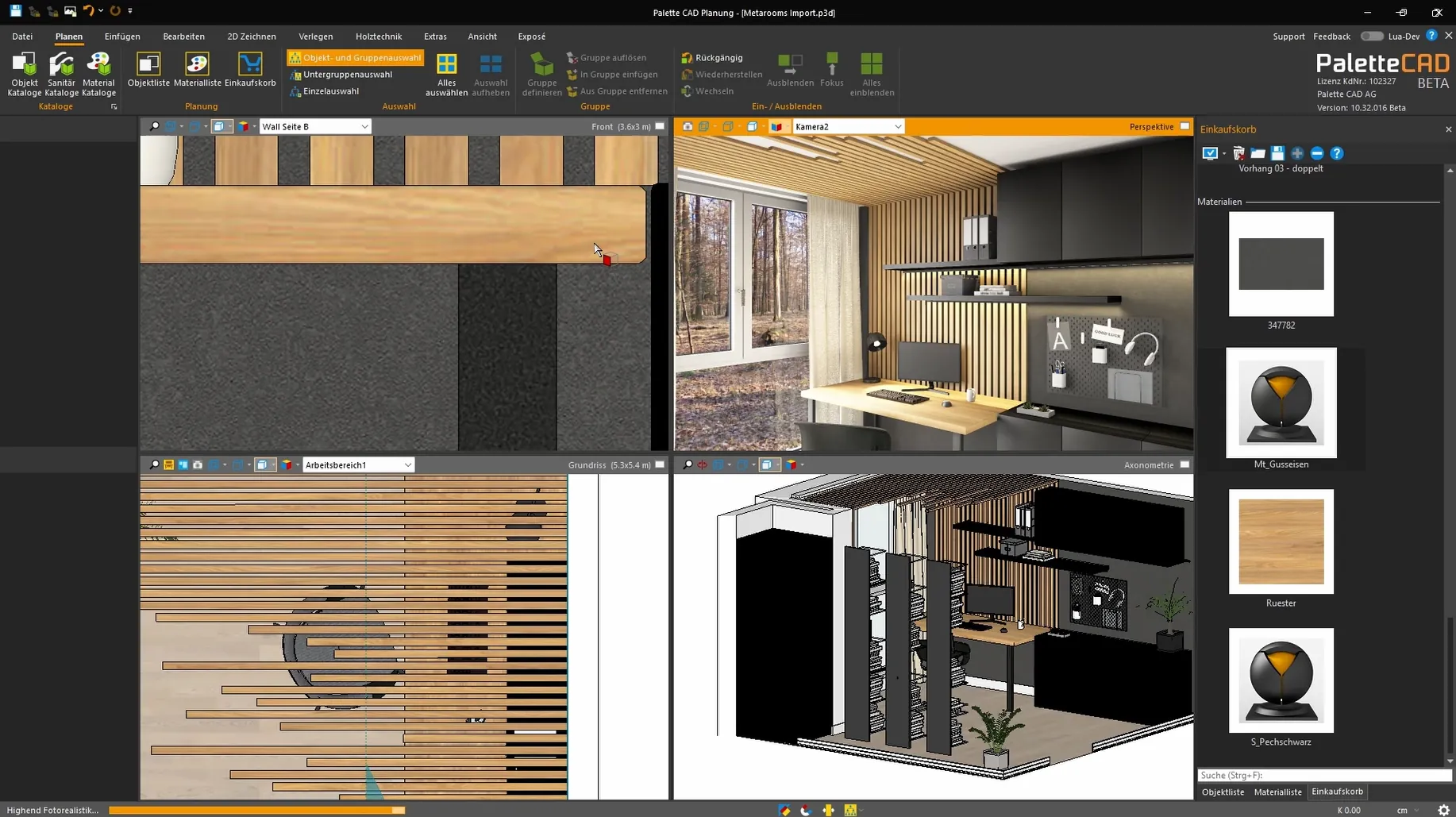 Umfassende Material- und Objektkataloge führen zu einem präzisen, präsentationsreifen Ergebnis.