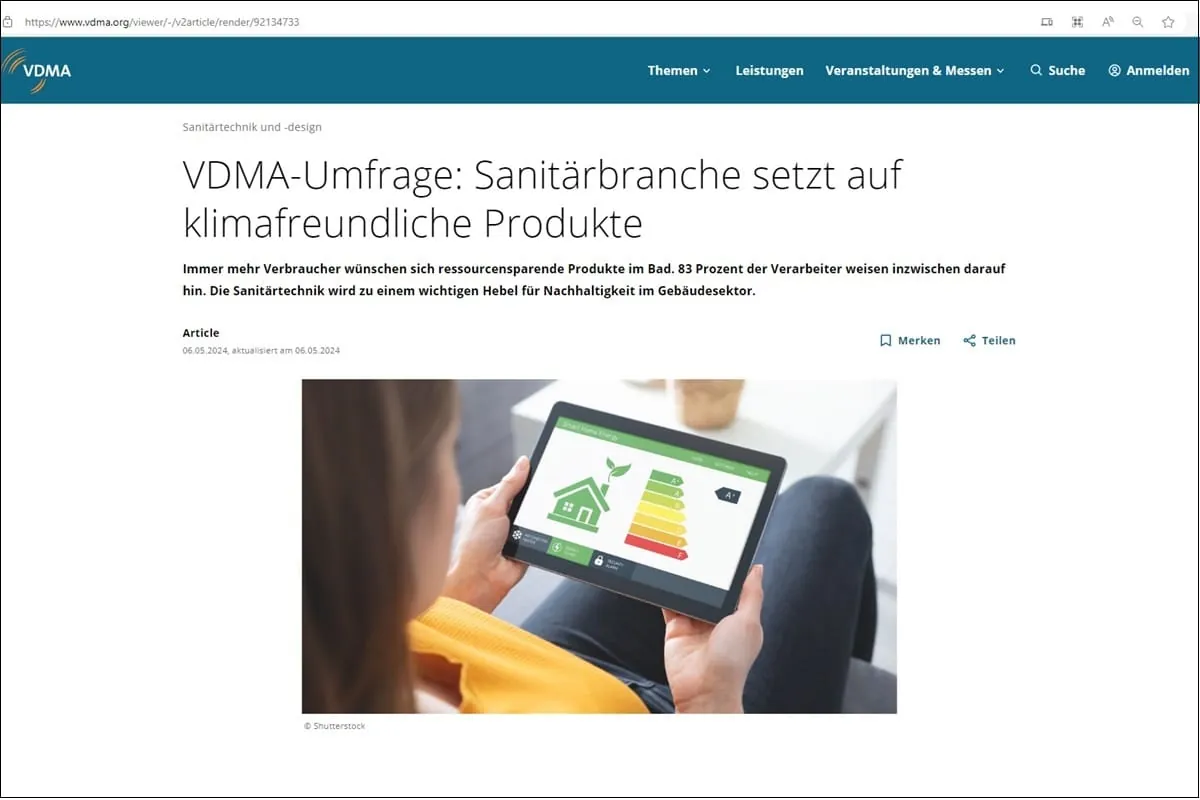 VDMA-Umfrage: Sanitärtechnik bringt Nachhaltigkeit voran