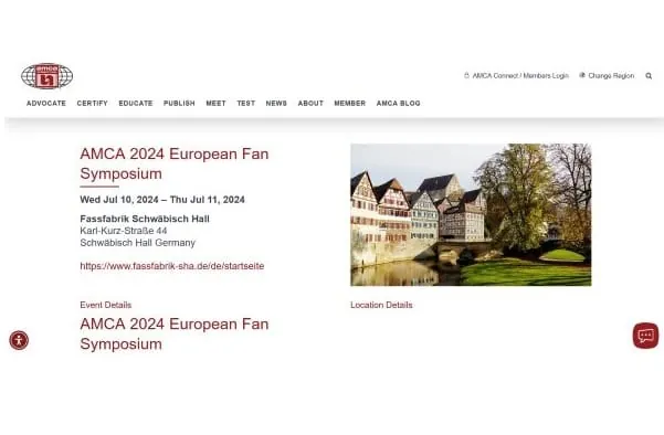 Screenshot: Air Movement and Control Association International (AMCA) l&auml;dt ein: Europ&auml;isches Symposium f&uuml;r Lufttechnik 2024 in Schw&auml;bisch Hall.