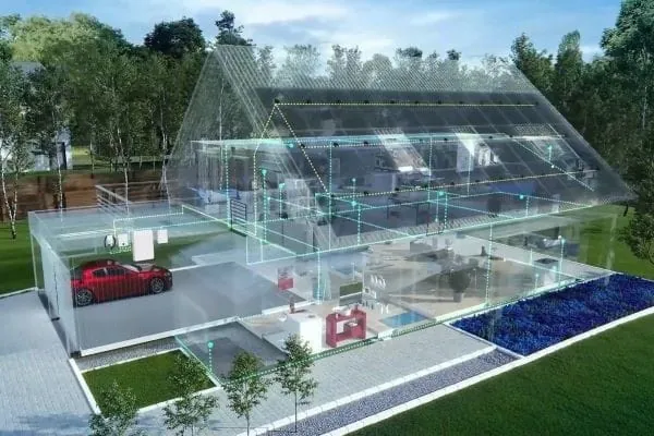 Grafik mit gläsernen Haus mit Sektorenkopplung