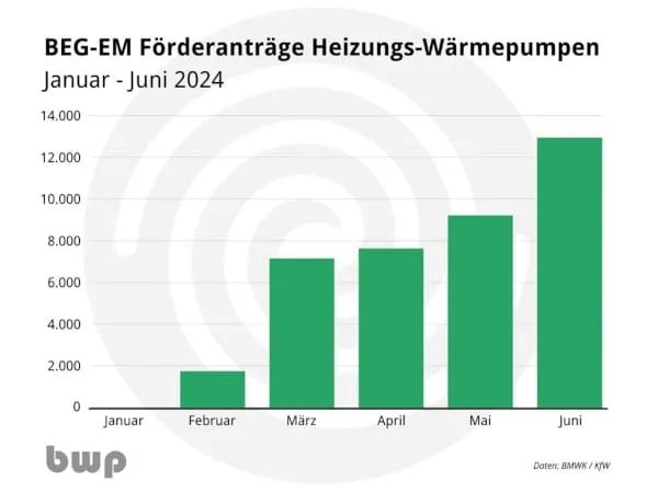 Die Förderanträge für Wärmepumpen sind stetig gestiegen: Im Juni 32024 waren es rund 13.000 Förderanträge.