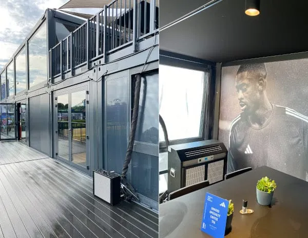 adidas Hospitality mit einer Au&szlig;eneinheit des Novachill-Split-Klimager&auml;ts (links) und der optisch angepassten Inneneinheit im Geb&auml;ude.