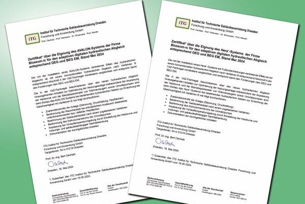 zwei gedruckte Seiten mit Protokoll digitaler hydraulischer Abgleich