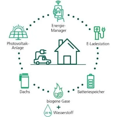 Grafik mit Haus und E-Auto innerhalb eines Kreises. Im umh&uuml;llenden Kreis eingebettet sind Symbole f&uuml;r E-Ladestation, Batteriespeicher, Dachs-BHKW, PV-Anlage und Energiemanagerbiogene Gase und Wasserstoff